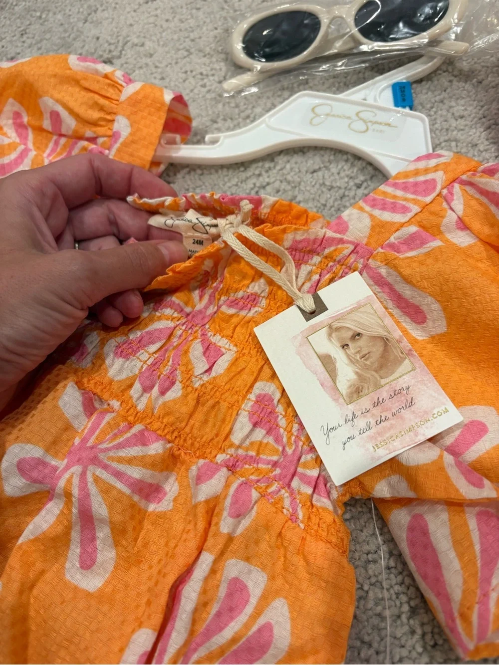NWT Jessica Simpson Smocked Baby Romper with matching hat & glasses 24 mo